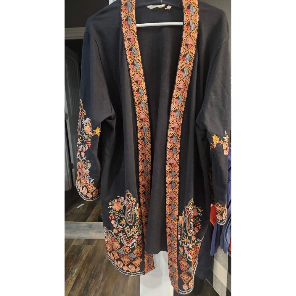 Fairycore Boho Soft Surroundings Black Embroidered Open Front Cardigan Sz 2x
